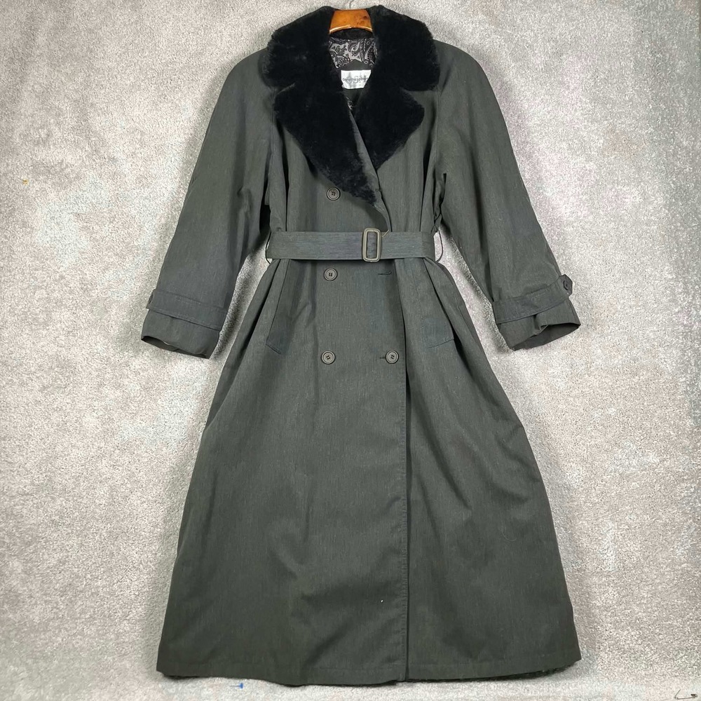 Vintage Trench Coat Women M Grey Faux Fur Collar Paisley USA Dorothy Roberts Y2k